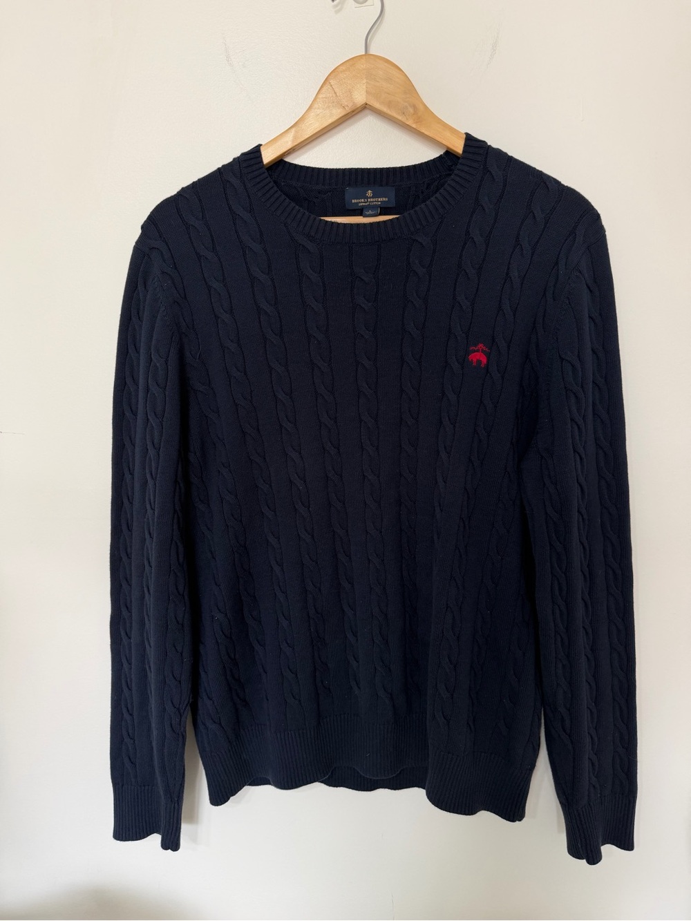 Brooks Brothers Supima Cotton Navy Cable Knit Sweater Men’s L Red Logo Preppy